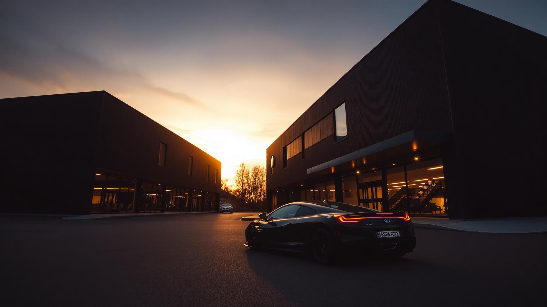 Bâtiment commercial et véhicule de prestige au crépuscule